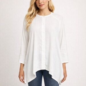 Eskandar 100% Linen White Boxy Lagenlook Button Shirt Hanky Hem Artsy Size 1